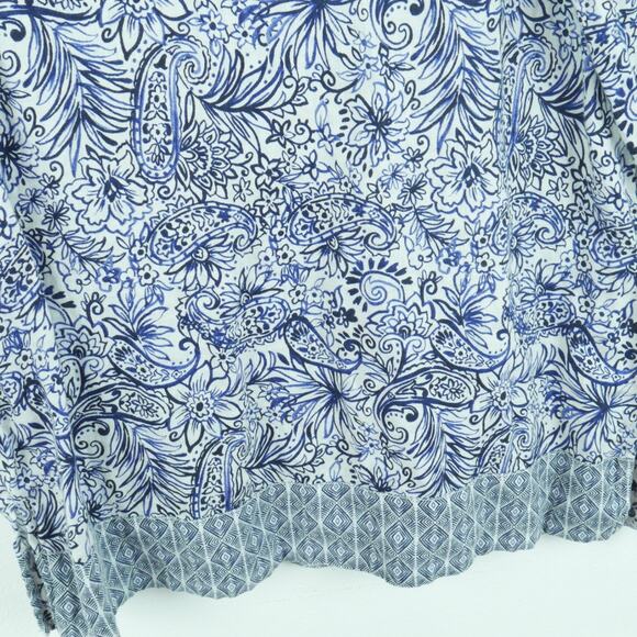 Sigrid Olsen M Top 100% Linen Beachy Relaxed Blue Floral Split Neck 3/4 Sleeve - Picture 6 of 7